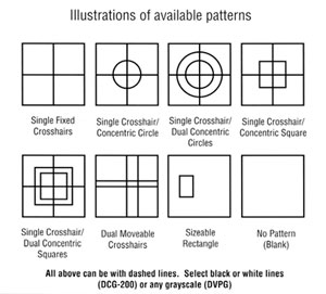 Patterns, R-170 crosshair, NTSC video crosshair, SEM target, Techniquip, Boeckeler, Olympus microscope, Meiji microscope, Nikon microscope, Leica microscope, Zeiss microscopes